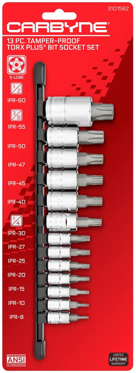 CARBYNE Tamper-Proof Torx Plus (aka 5 Lobe) Bit Socket Set - 13 Piece, S2  Steel, IPR-8 to IPR-60, S2 Steel Bits, CRV Sockets | 1/4