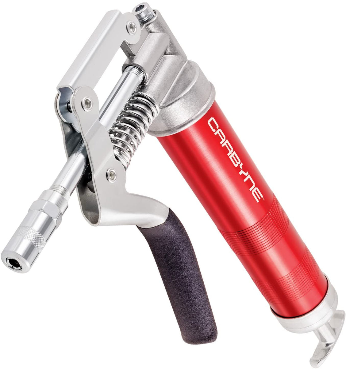Carbyne Heavy Duty Grease Gun - Lever Handle, Anodized Aluminum Barrel, 12" Hose & 6" Extension, 3-Way Loading
