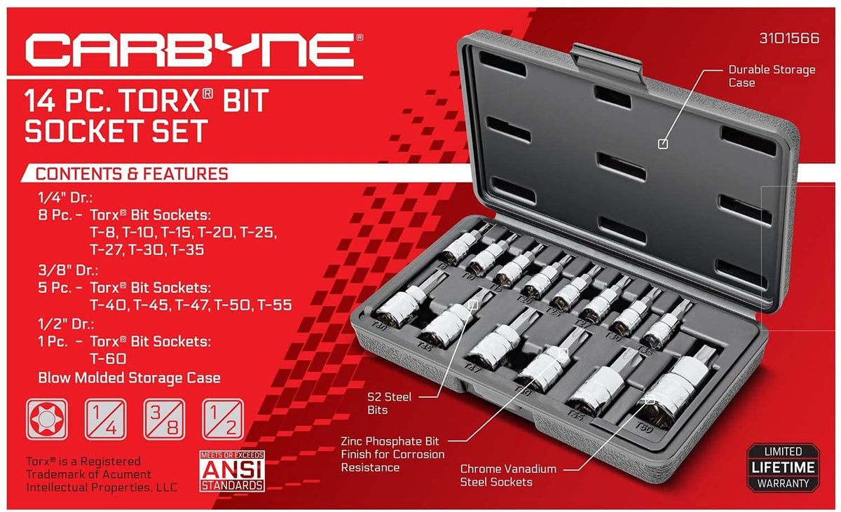 CARBYNE Torx-Bit-Set 14-teilig - T8 Bis T60 Für Alle Antriebsgrößen