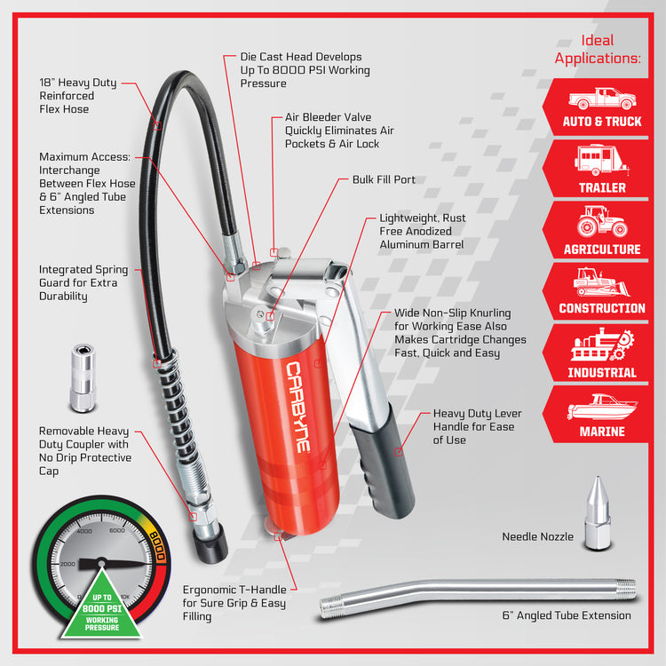 Carbyne Grease Gun - Lever Handle, 8000 PSI, Heavy Duty Professional Quality, Includes 18 inch Flex Hose and 6 inch Rigid Extension, 3-Way Loading • from a Family-Run Tool Company Based in The U.S.A. - Carbyne Tools