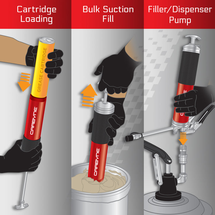 Carbyne Grease Gun - Lever Handle, 8000 PSI, Heavy Duty Professional Quality, Includes 18 inch Flex Hose and 6 inch Rigid Extension, 3-Way Loading • from a Family-Run Tool Company Based in The U.S.A. - Carbyne Tools