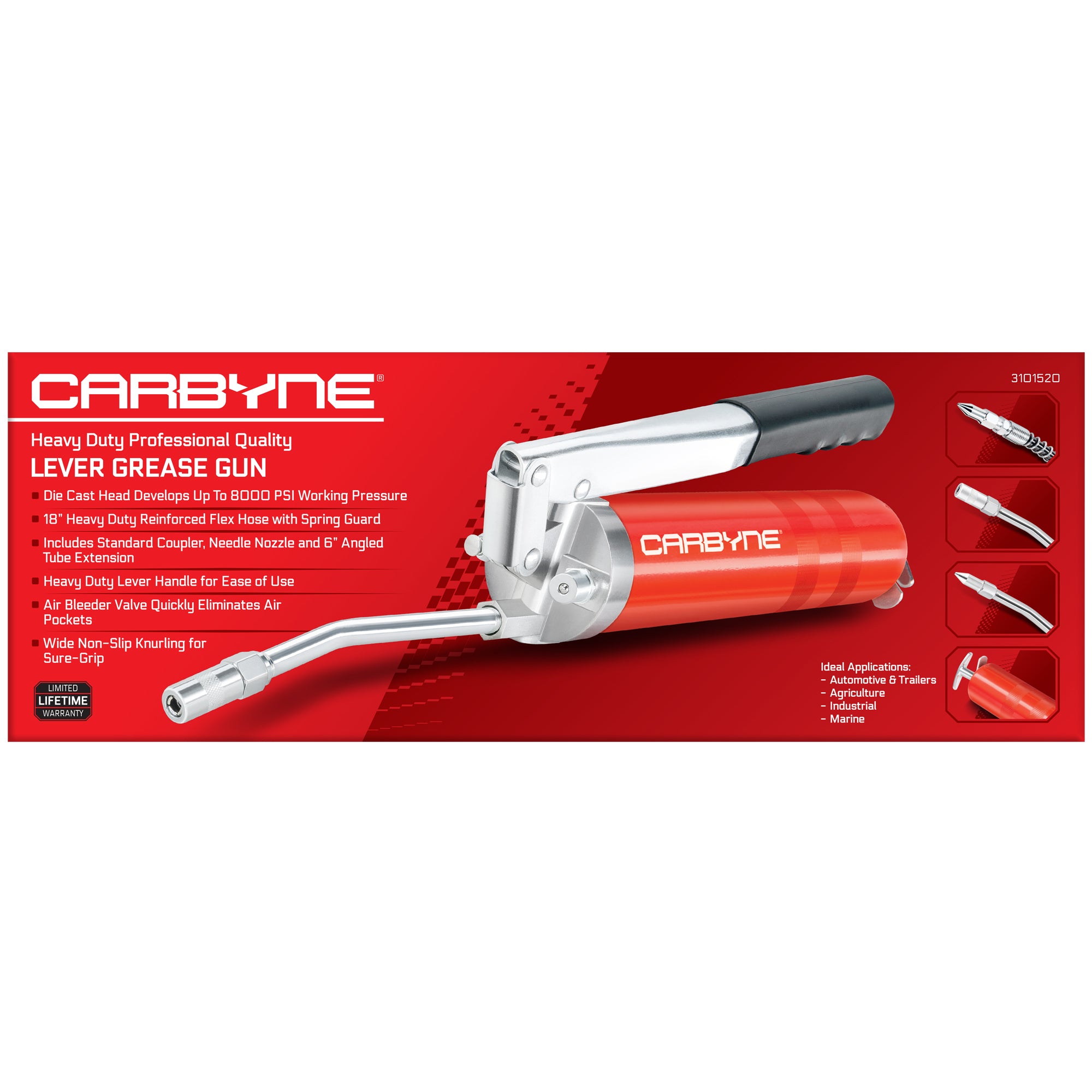 Carbyne Grease Gun - Lever Handle, 8000 PSI, Heavy Duty Professional Quality, Includes 18 inch Flex Hose and 6 inch Rigid Extension, 3-Way Loading • from a Family-Run Tool Company Based in The U.S.A. - Carbyne Tools