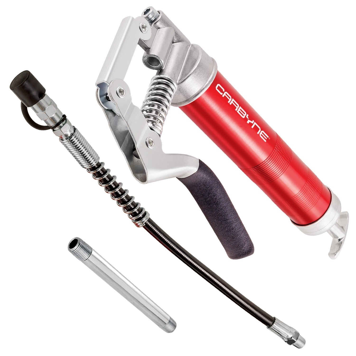 CARBYNE Mini Grease Gun - Pistol Grip, 3000 PSI, Anodized Aluminum Barrel, Heavy Duty Professional Quality. 12" Flex Hose and 4" Rigid Extension - Carbyne Tools