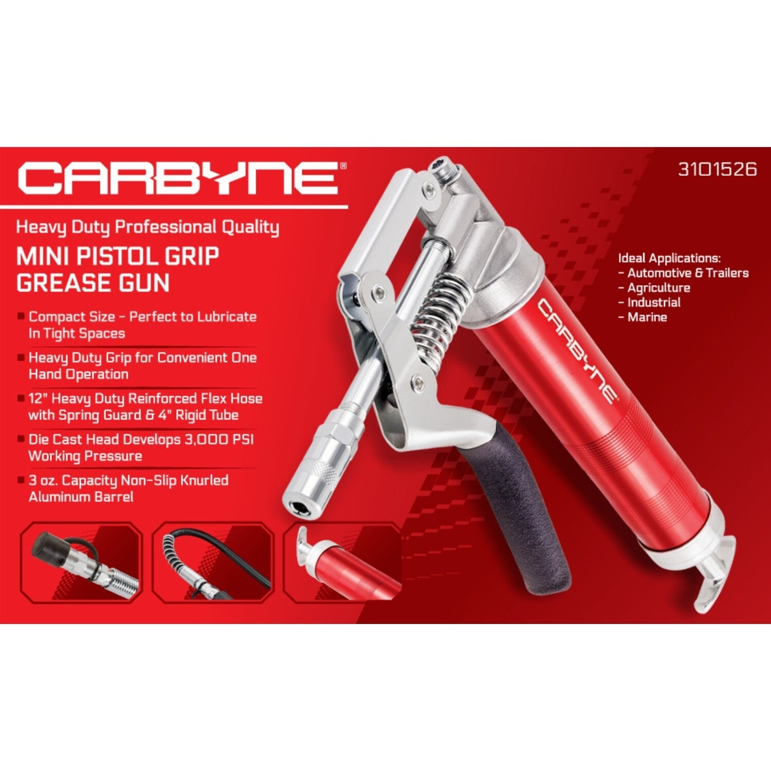 CARBYNE Mini Grease Gun - Pistol Grip, 3000 PSI, Anodized Aluminum Barrel, Heavy Duty Professional Quality. 12" Flex Hose and 4" Rigid Extension - Carbyne Tools