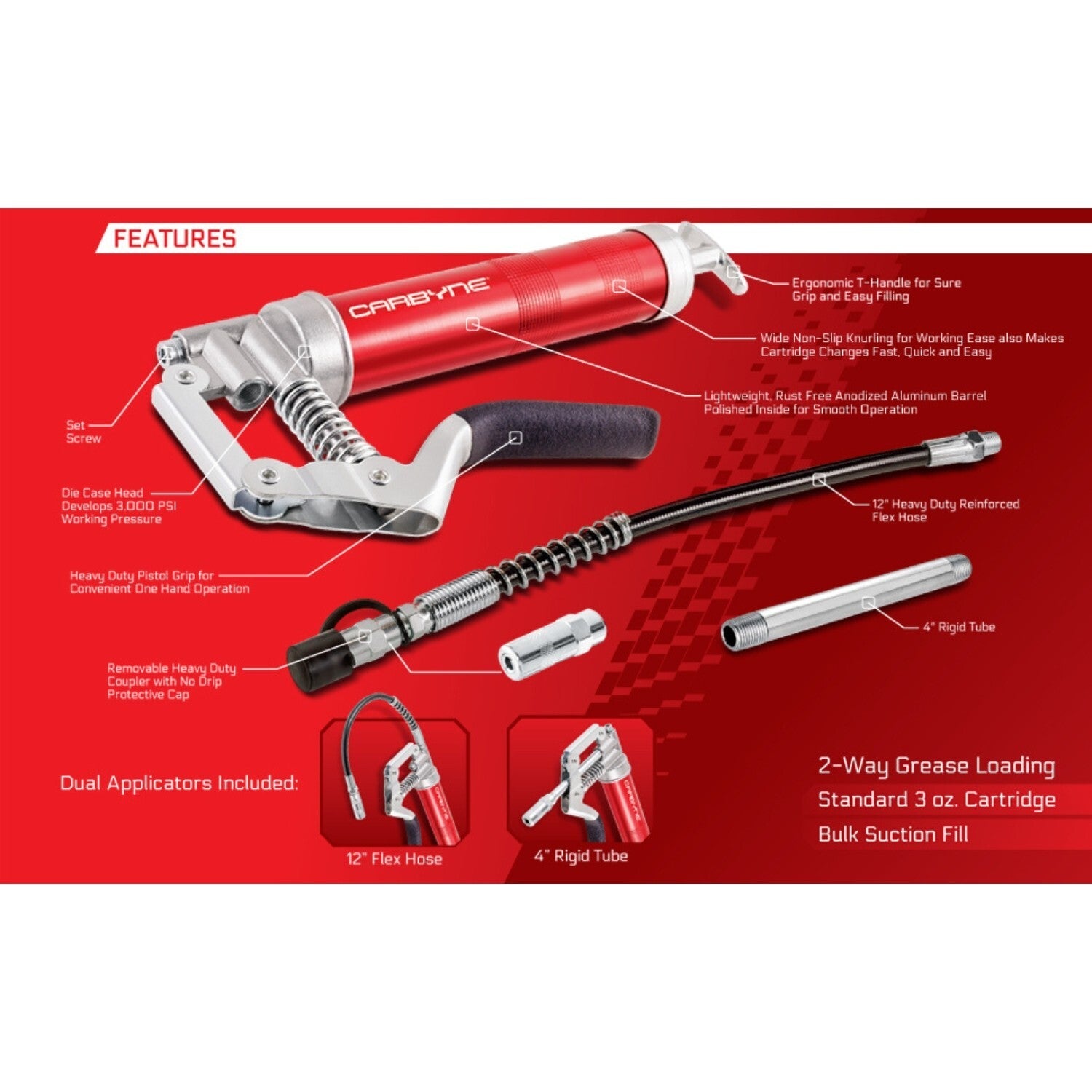 CARBYNE Mini Grease Gun - Pistol Grip, 3000 PSI, Anodized Aluminum Barrel, Heavy Duty Professional Quality. 12" Flex Hose and 4" Rigid Extension - Carbyne Tools