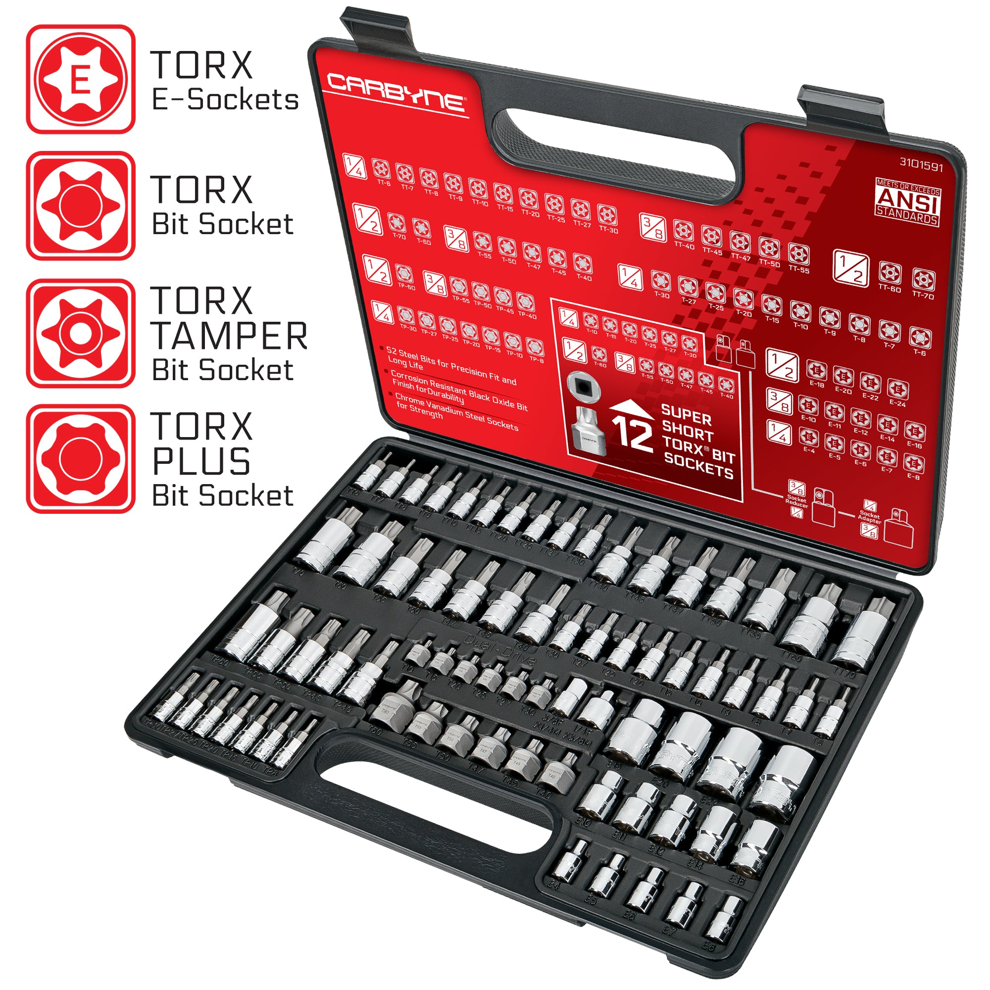 CARBYNE 74 Piece Master Torx Bit Socket Set & Torx External Socket Set | S2 Steel Bits, CrV Sockets | 1/4-inch, 3/8-inch & 1/2-inch Drive - Carbyne Tools