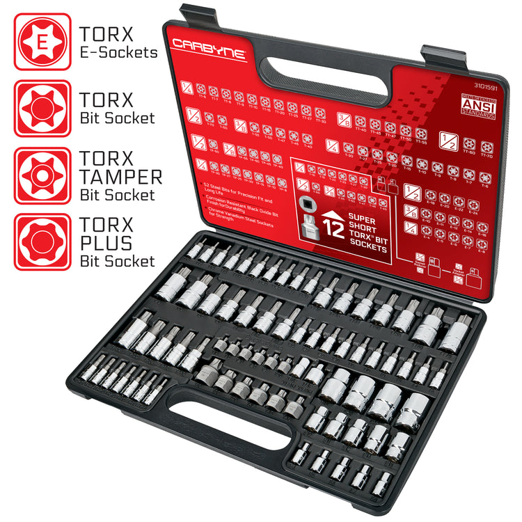 CARBYNE 74 Piece Master Torx Bit Socket Set & Torx External Socket Set | S2 Steel Bits, CrV Sockets | 1/4-inch, 3/8-inch & 1/2-inch Drive - Carbyne Tools