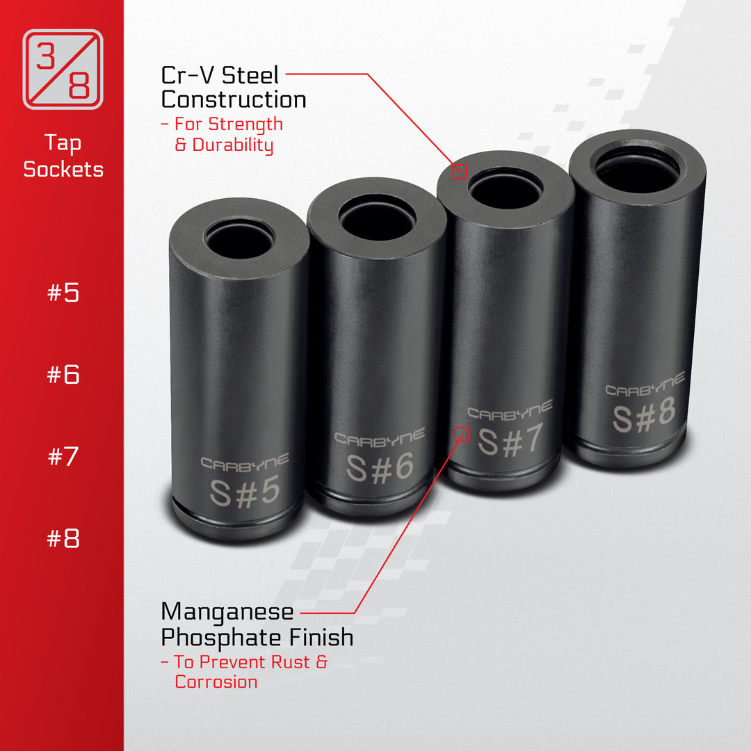CARBYNE 8-Piece Tap Socket Set – Tap Sockets for 1/4” & 3/8” Drive, Fits MCTI Standard, Metric & 1/8” NPT Taps – Cam Retention, Cr-V Steel Machinist Tools