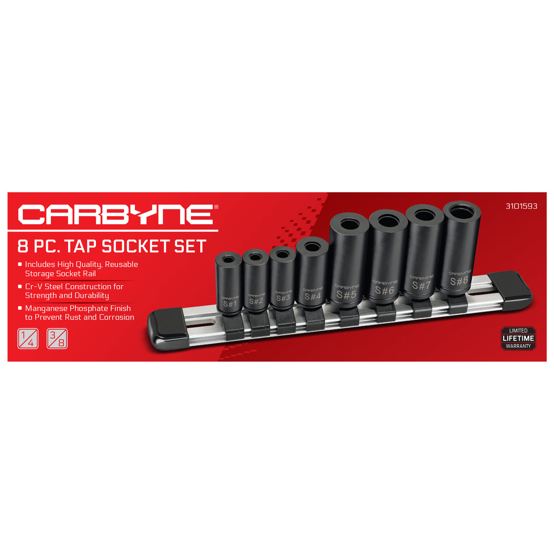 CARBYNE 8-Piece Tap Socket Set – Tap Sockets for 1/4” & 3/8” Drive, Fits MCTI Standard, Metric & 1/8” NPT Taps – Cam Retention, Cr-V Steel Machinist Tools