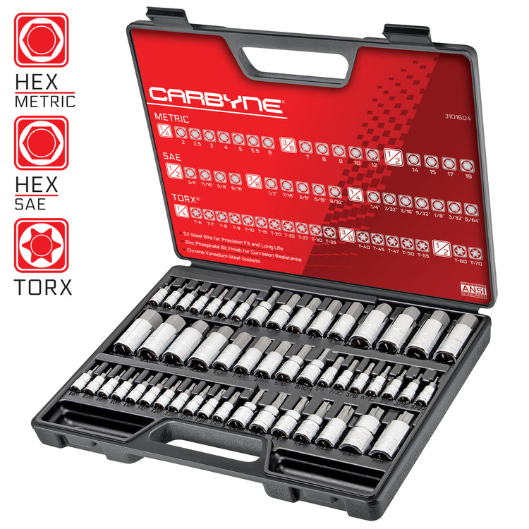 CARBYNE 50 Piece Master Torx, SAE & Metric Hex Bit Socket Set AND 18 Piece Extra Long Hex Bit Socket Set (SAE & Metric). 68 Standard & Extra Long Hex Bit Sockets. - Carbyne Tools