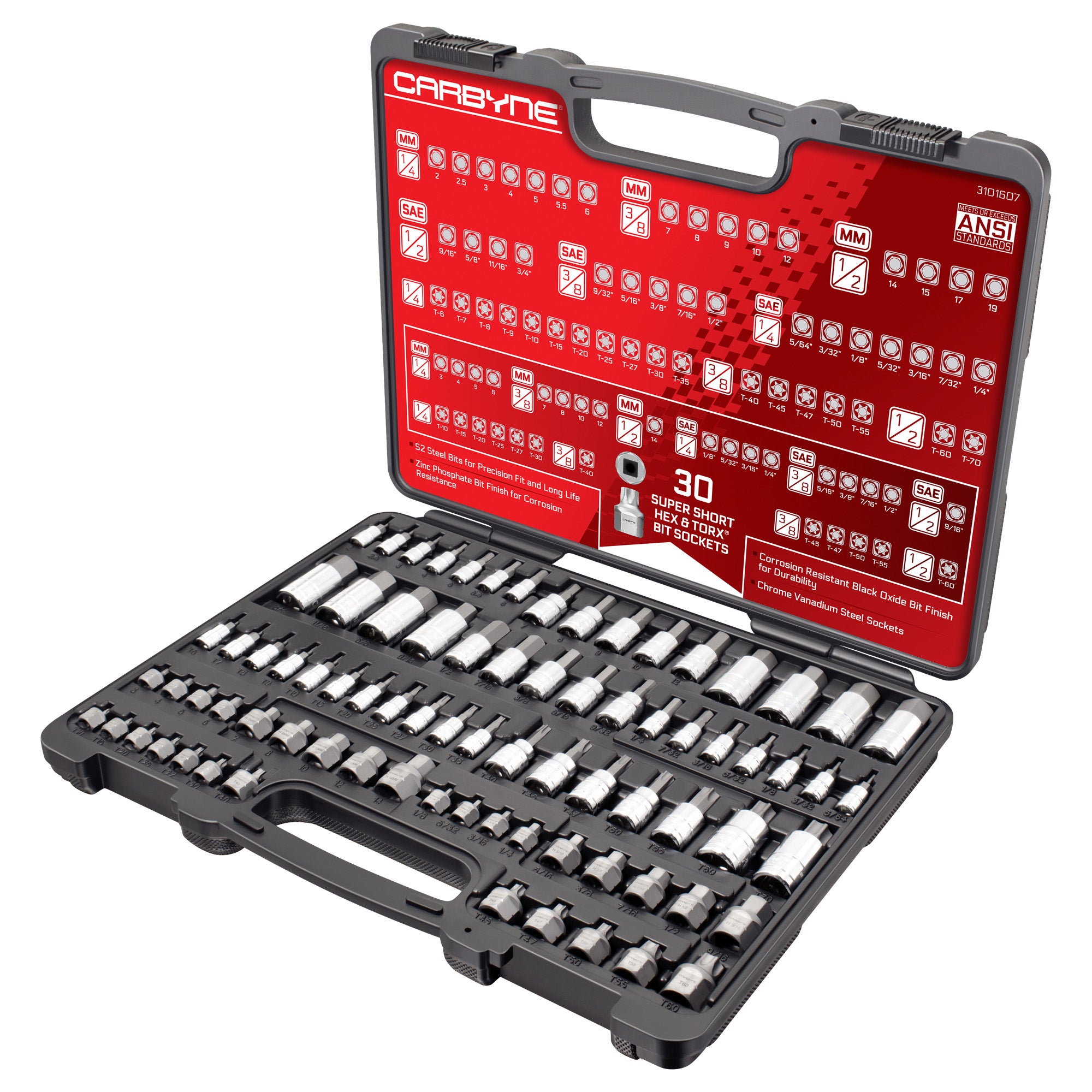 Carbyne 80 Piece Torx, SAE Hex & Metric Hex Bit Socket Set with 30 Super Short Bit Sockets, Cr-V Steel Sockets, S2 Steel Bits, Durable Storage Case - Carbyne Tools