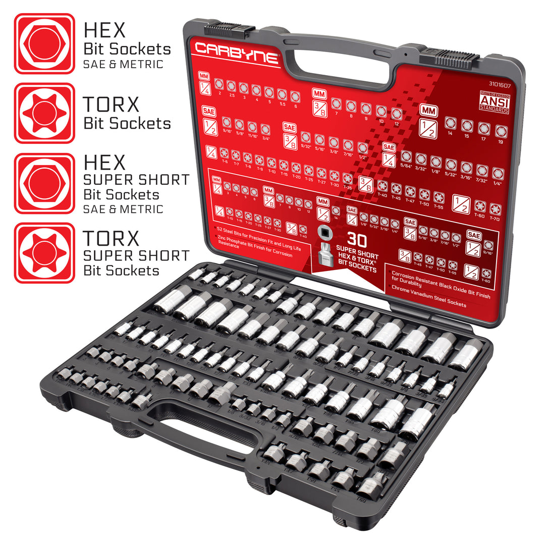 Carbyne 80 Piece Torx, SAE Hex & Metric Hex Bit Socket Set with 30 Super Short Bit Sockets, Cr-V Steel Sockets, S2 Steel Bits, Durable Storage Case - Carbyne Tools