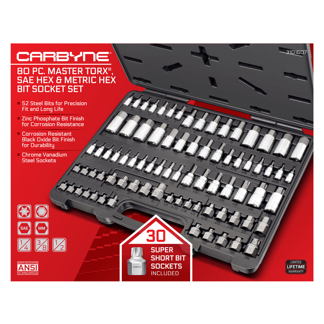 Carbyne 80 Piece Torx, SAE Hex & Metric Hex Bit Socket Set with 30 Super Short Bit Sockets, Cr-V Steel Sockets, S2 Steel Bits, Durable Storage Case - Carbyne Tools