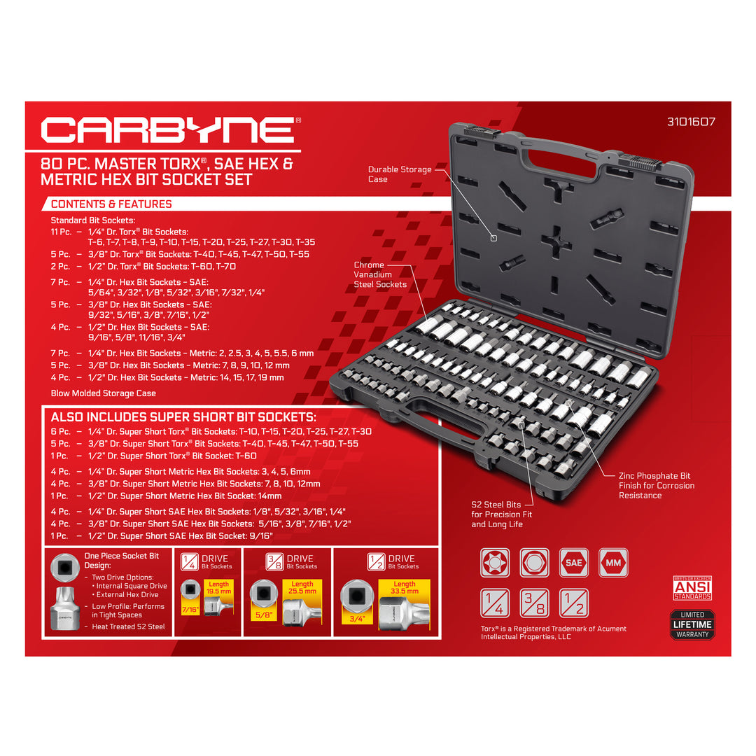 Carbyne 80 Piece Torx, SAE Hex & Metric Hex Bit Socket Set with 30 Super Short Bit Sockets, Cr-V Steel Sockets, S2 Steel Bits, Durable Storage Case - Carbyne Tools