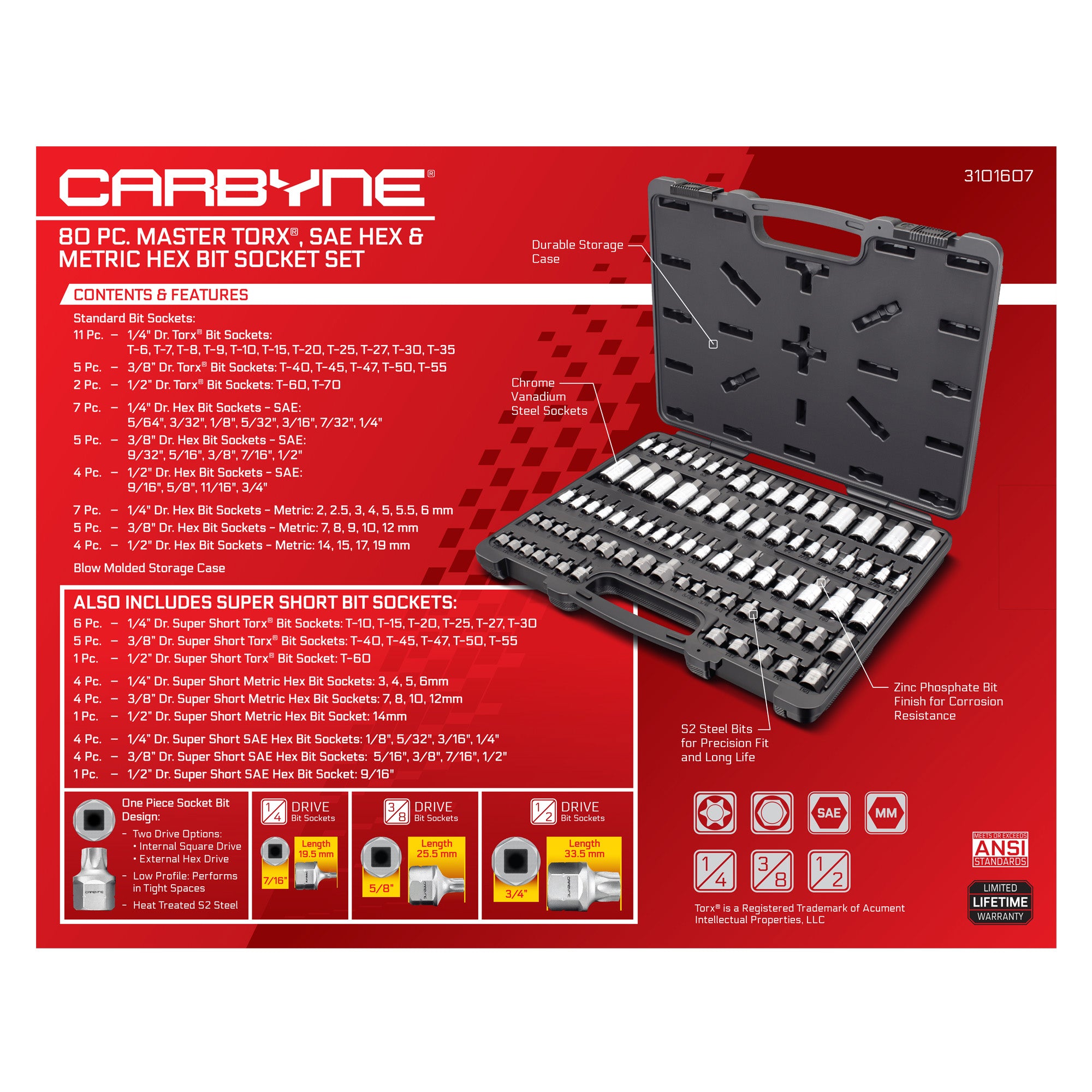 Carbyne 80 Piece Torx, SAE Hex & Metric Hex Bit Socket Set with 30 Super Short Bit Sockets, Cr-V Steel Sockets, S2 Steel Bits, Durable Storage Case - Carbyne Tools