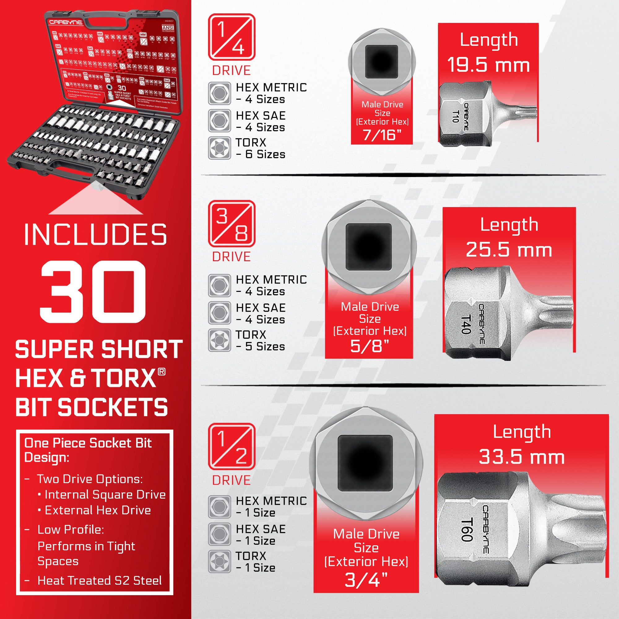 Carbyne 80 Piece Torx, SAE Hex & Metric Hex Bit Socket Set with 30 Super Short Bit Sockets, Cr-V Steel Sockets, S2 Steel Bits, Durable Storage Case - Carbyne Tools