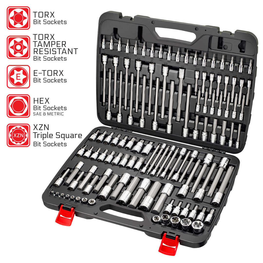 CARBYNE 114-Piece Master Metric & SAE Hex (Allen), Torx and XZN Triple Square Bit Socket Set | S2 Steel Bits, CrV Steel Sockets, Corrosion Resistance, Durable Case | 1/4", 3/8" & 1/2" Dr.