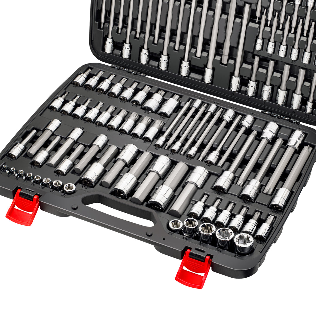 CARBYNE 114-Piece Master Metric & SAE Hex (Allen), Torx and XZN Triple Square Bit Socket Set | S2 Steel Bits, CrV Steel Sockets, Corrosion Resistance, Durable Case | 1/4", 3/8" & 1/2" Dr.