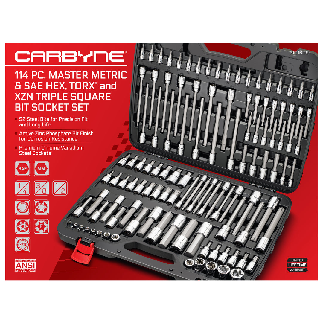 CARBYNE 114-Piece Master Metric & SAE Hex (Allen), Torx and XZN Triple Square Bit Socket Set | S2 Steel Bits, CrV Steel Sockets, Corrosion Resistance, Durable Case | 1/4", 3/8" & 1/2" Dr.