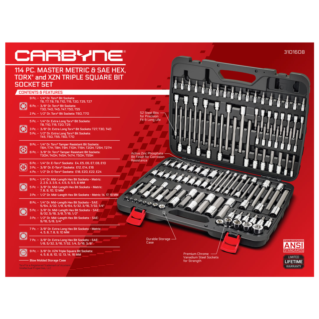 CARBYNE 114-Piece Master Metric & SAE Hex (Allen), Torx and XZN Triple Square Bit Socket Set | S2 Steel Bits, CrV Steel Sockets, Corrosion Resistance, Durable Case | 1/4", 3/8" & 1/2" Dr.