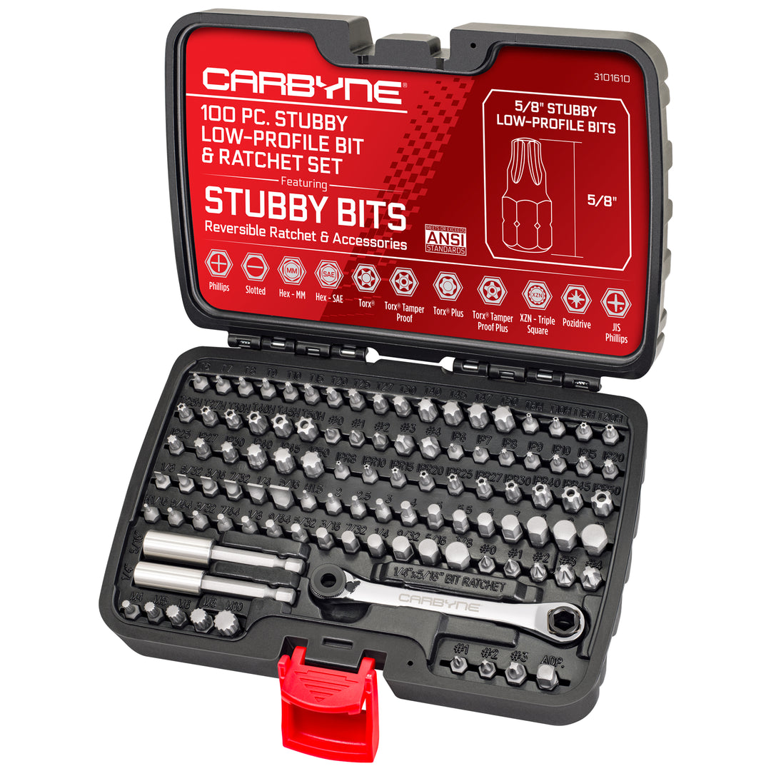 100 Pc. Stubby Low-Profile Bit & Ratchet Set, 5/8 in. S2 Steel Bits Hex (Allen), Torx, Torx Plus, Tamper-Resistant, Phillips, Slotted, XZN Triple Square, Pozidriv, JIS Phillips