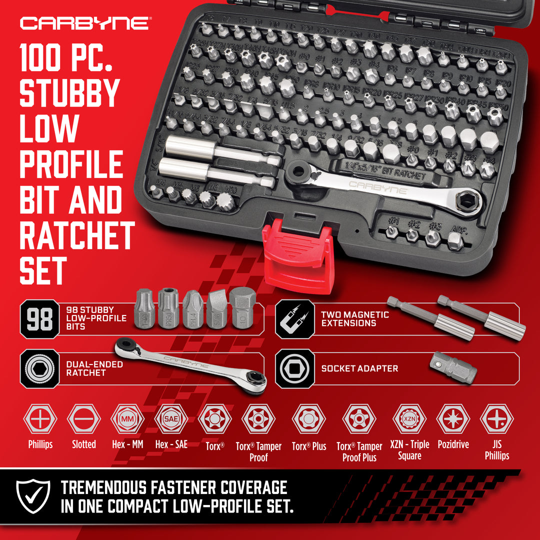 100 Pc. Stubby Low-Profile Bit & Ratchet Set, 5/8 in. S2 Steel Bits Hex (Allen), Torx, Torx Plus, Tamper-Resistant, Phillips, Slotted, XZN Triple Square, Pozidriv, JIS Phillips