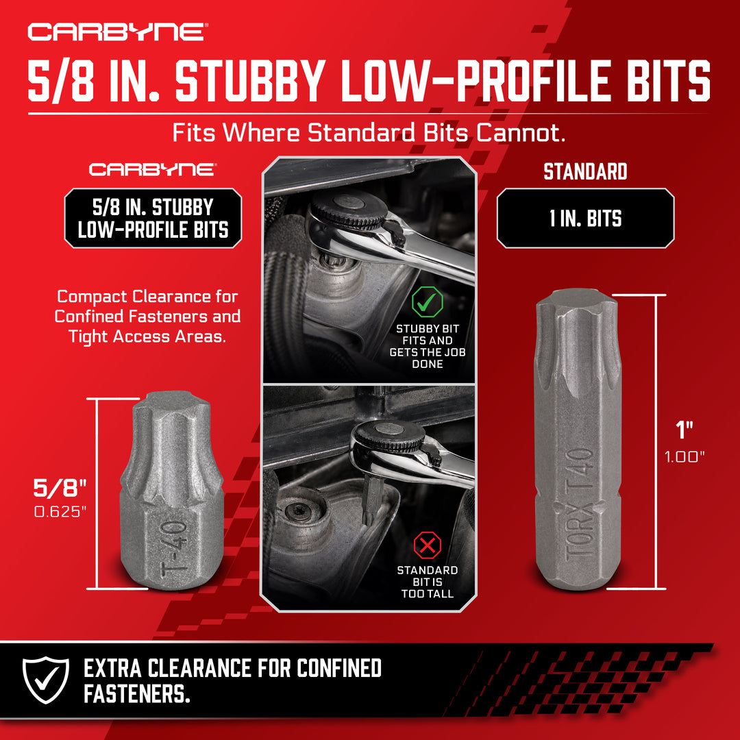 100 Pc. Stubby Low-Profile Bit & Ratchet Set, 5/8 in. S2 Steel Bits Hex (Allen), Torx, Torx Plus, Tamper-Resistant, Phillips, Slotted, XZN Triple Square, Pozidriv, JIS Phillips