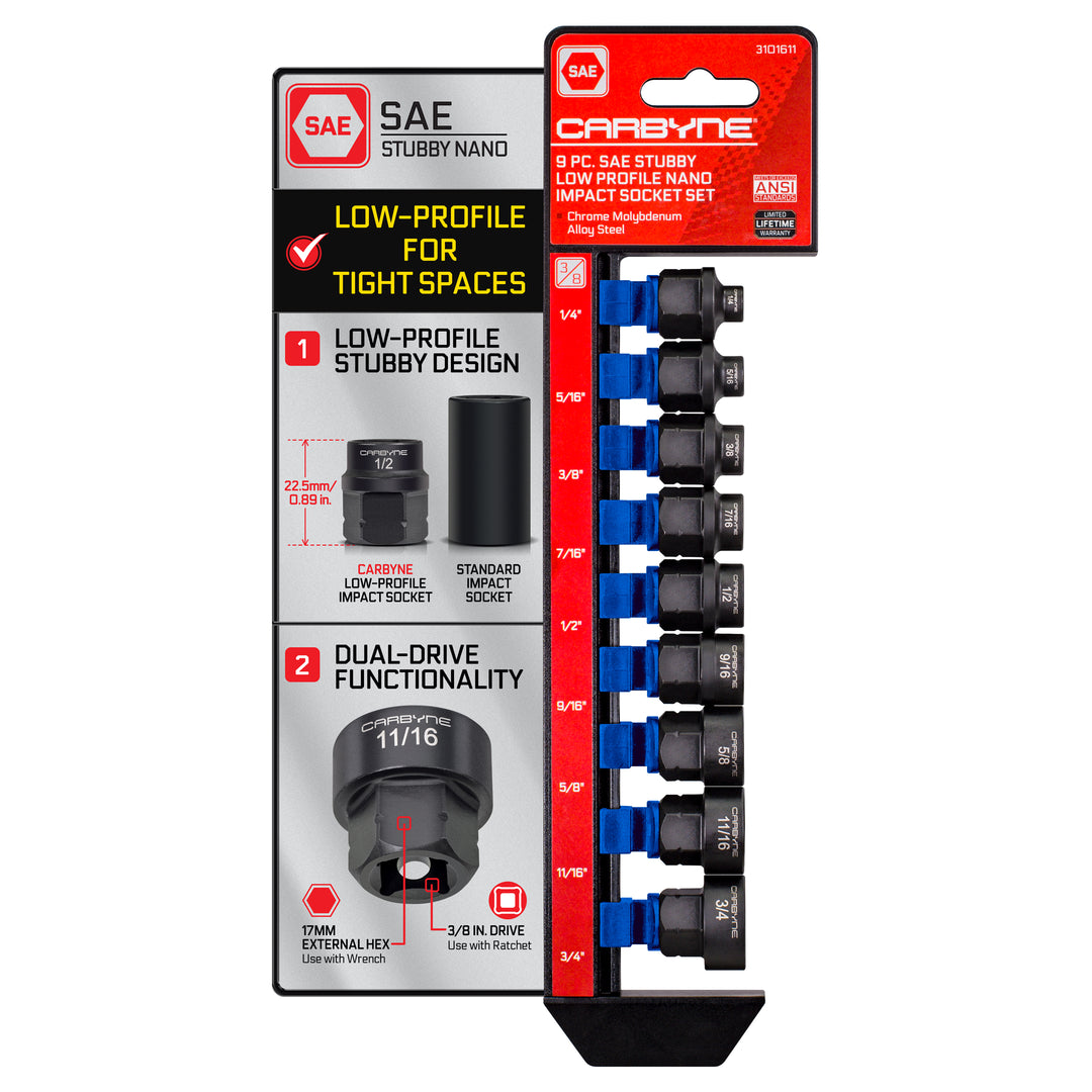9-Piece SAE Stubby Low Profile Impact Socket Set, 3/8 in. Drive 1/4 to 3/4 in. Sizes, Cr-Mo Steel, Manganese Phosphate, 17mm External Hex, 22.5mm Height, Hand or Powered Ratchet