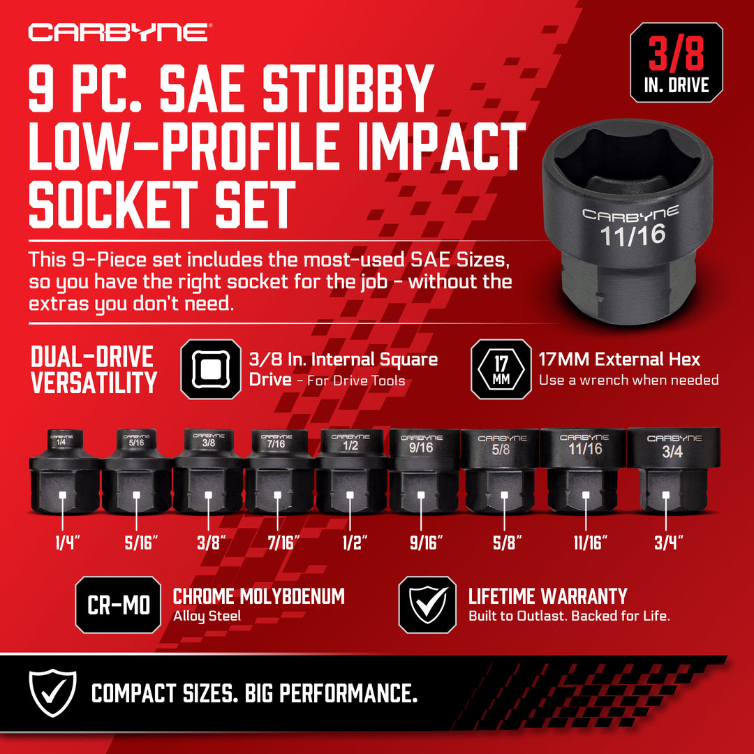 9-Piece SAE Stubby Low Profile Impact Socket Set, 3/8 in. Drive 1/4 to 3/4 in. Sizes, Cr-Mo Steel, Manganese Phosphate, 17mm External Hex, 22.5mm Height, Hand or Powered Ratchet