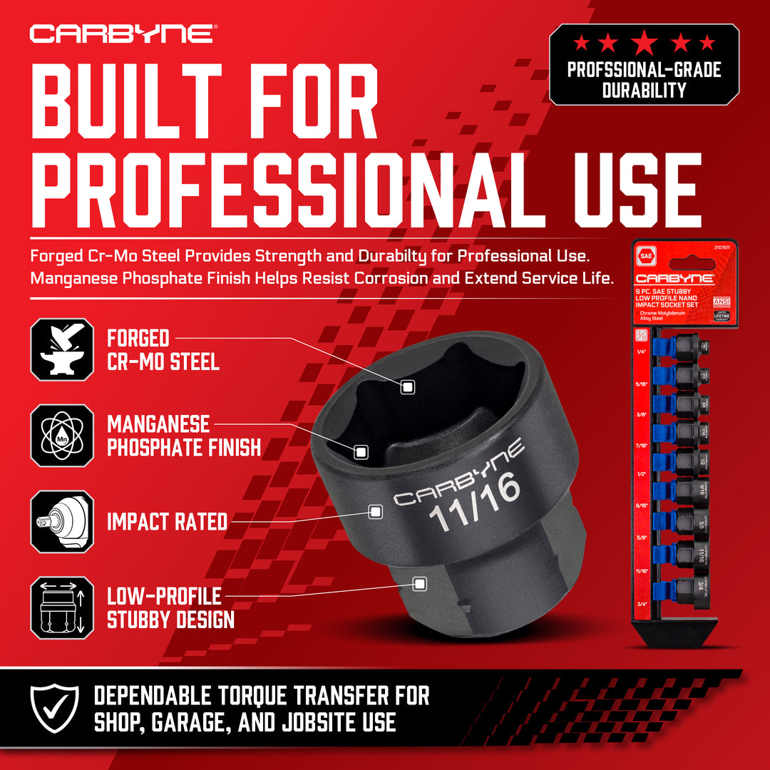 9-Piece SAE Stubby Low Profile Impact Socket Set, 3/8 in. Drive 1/4 to 3/4 in. Sizes, Cr-Mo Steel, Manganese Phosphate, 17mm External Hex, 22.5mm Height, Hand or Powered Ratchet