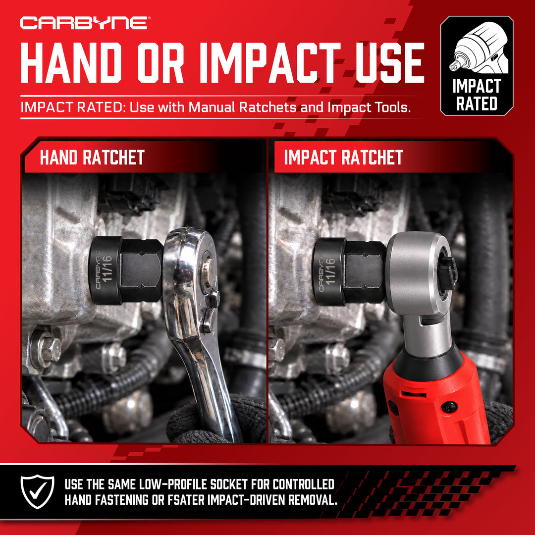 9-Piece SAE Stubby Low Profile Impact Socket Set, 3/8 in. Drive 1/4 to 3/4 in. Sizes, Cr-Mo Steel, Manganese Phosphate, 17mm External Hex, 22.5mm Height, Hand or Powered Ratchet