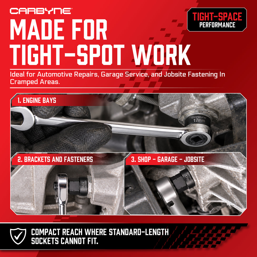 9-Piece Metric Stubby Low Profile Impact Socket Set, 3/8 in. Drive 8, 10, 12 to 18mm Sizes, Cr-Mo Steel, Manganese Phosphate, 17mm External Hex, 22.5mm Height, Hand or Powered Ratchet