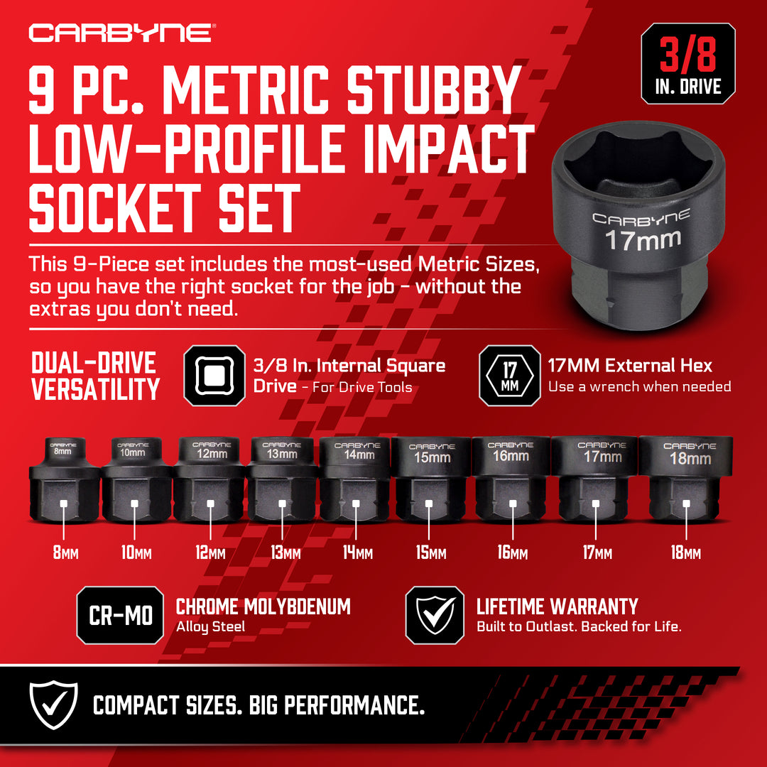 9-Piece Metric Stubby Low Profile Impact Socket Set, 3/8 in. Drive 8, 10, 12 to 18mm Sizes, Cr-Mo Steel, Manganese Phosphate, 17mm External Hex, 22.5mm Height, Hand or Powered Ratchet