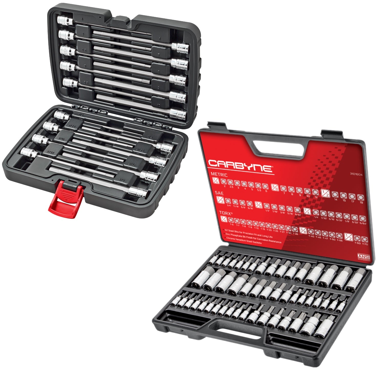 CARBYNE 50 Piece Master Torx, SAE & Metric Hex Bit Socket Set AND 18 Piece Extra Long Hex Bit Socket Set (SAE & Metric). 68 Standard & Extra Long Hex Bit Sockets. - Carbyne Tools