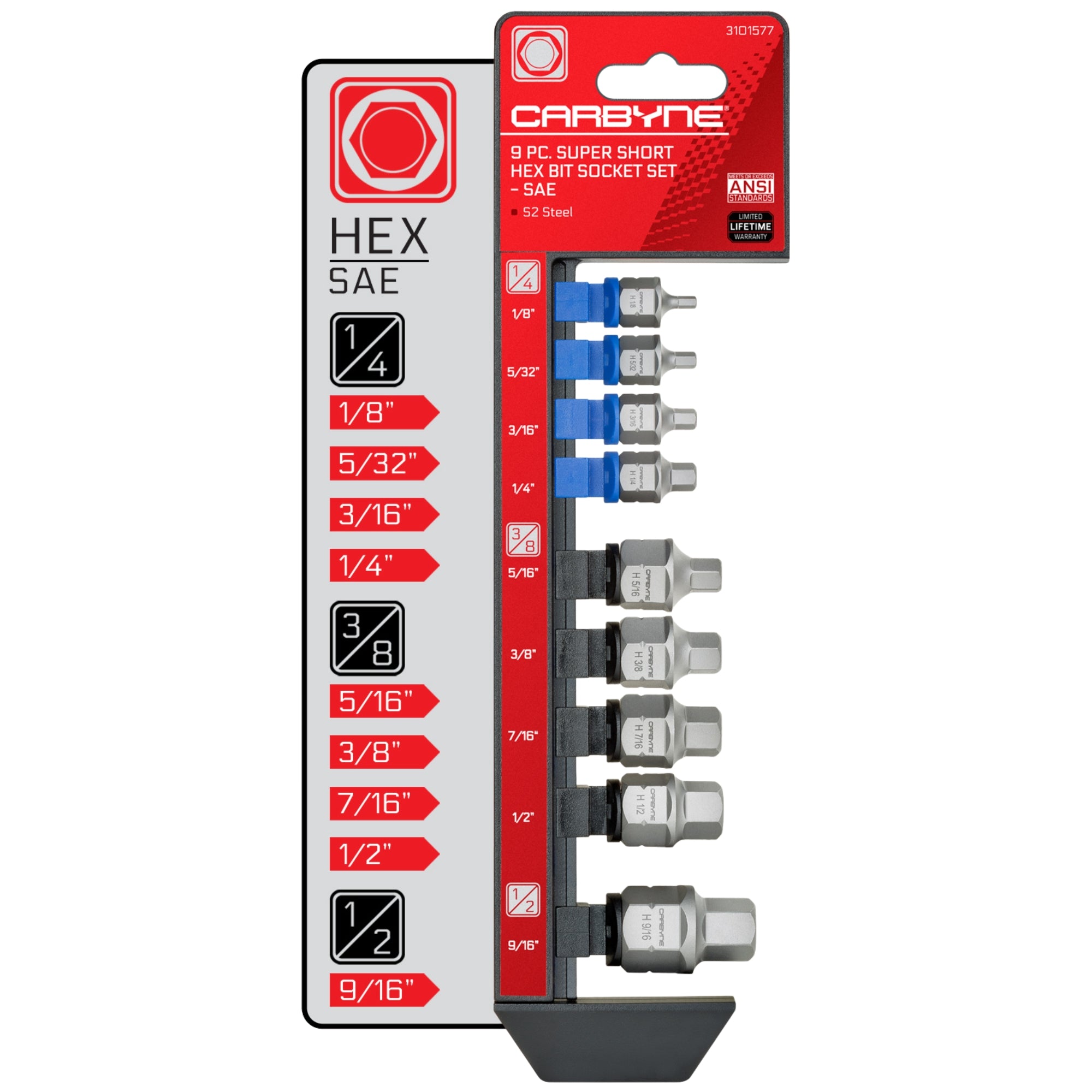 CARBYNE 9 Piece Low Profile Hex Bit Socket Set - SAE Stubby Allen
