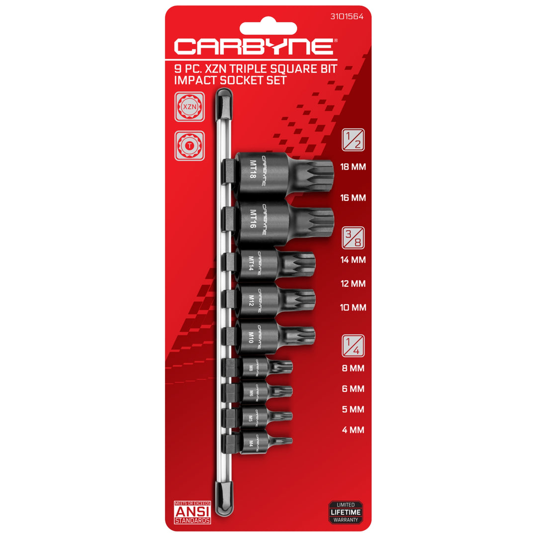 CARBYNE XZN Triple Square Bit Impact Socket Set - 9 Piece, 4mm to 18mm | Chrome Molybdenum Steel