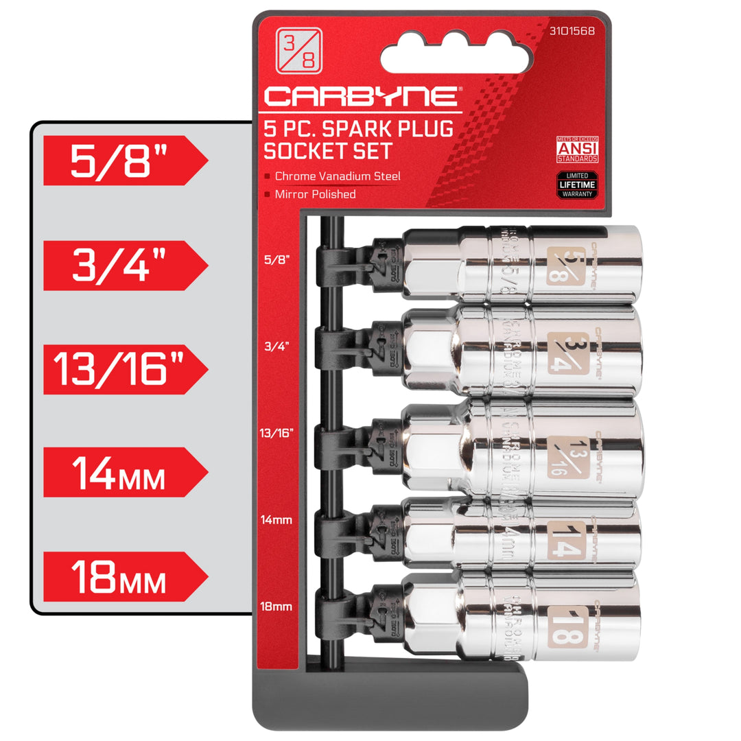 CARBYNE Spark Plug Socket Set - 5 Piece, High Visibility 3/8-Inch Drive SAE & Metric Spark Plug Socket Set - Heat Treated CR-V Steel, Mirror Polish - Carbyne Tools