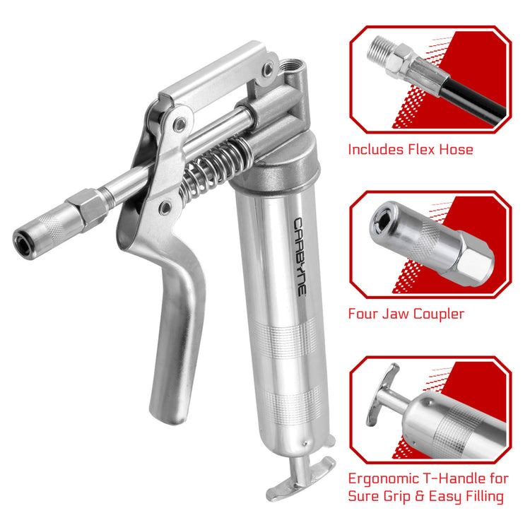 CARBYNE Mini Grease Gun - Pistol Grip, 3000 PSI, Heavy Duty Professional Quality. 12" Flex Hose and 4" Rigid Extension - Carbyne Tools