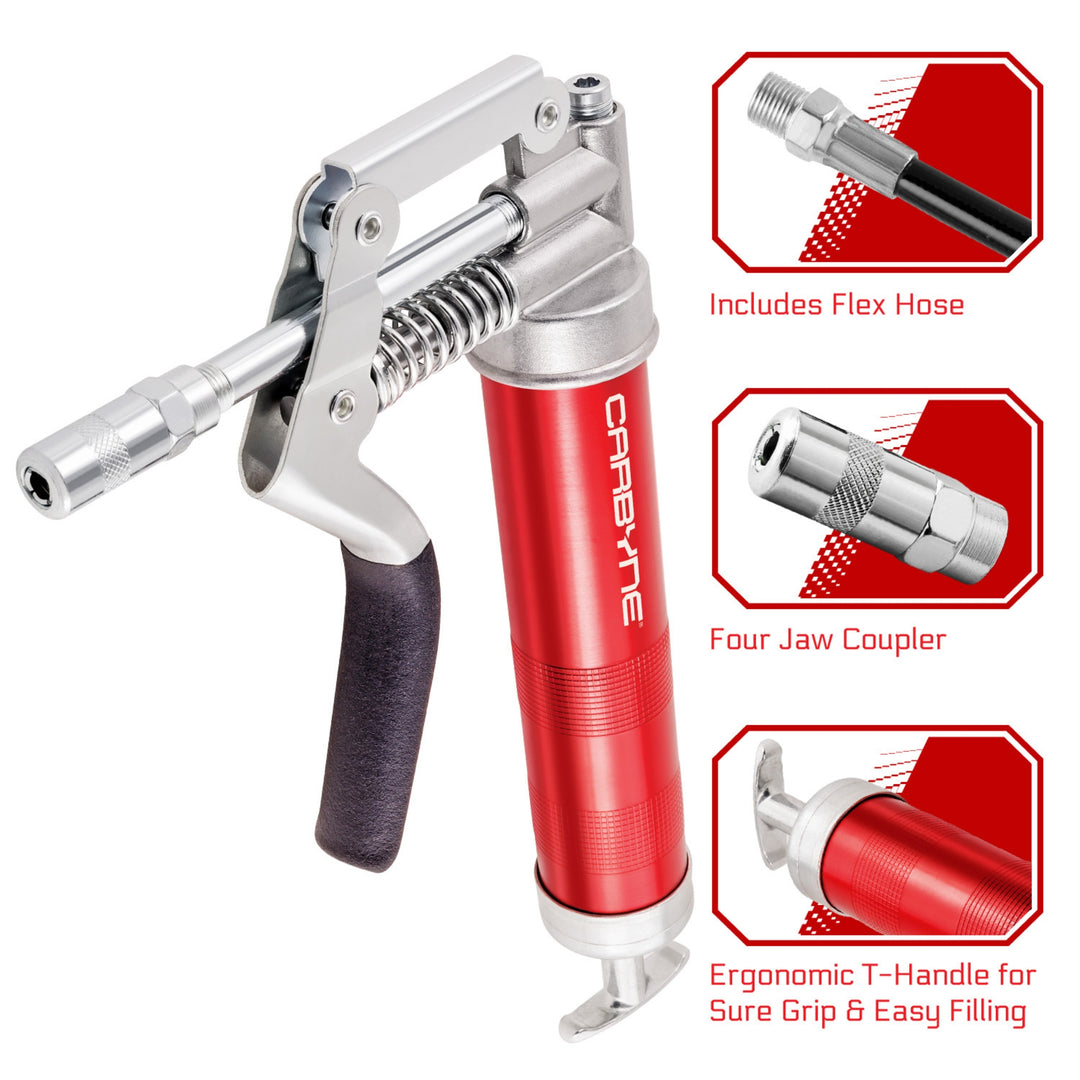 CARBYNE Mini Grease Gun - Pistol Grip, 3000 PSI, Anodized Aluminum Barrel, Heavy Duty Professional Quality. 12" Flex Hose and 4" Rigid Extension