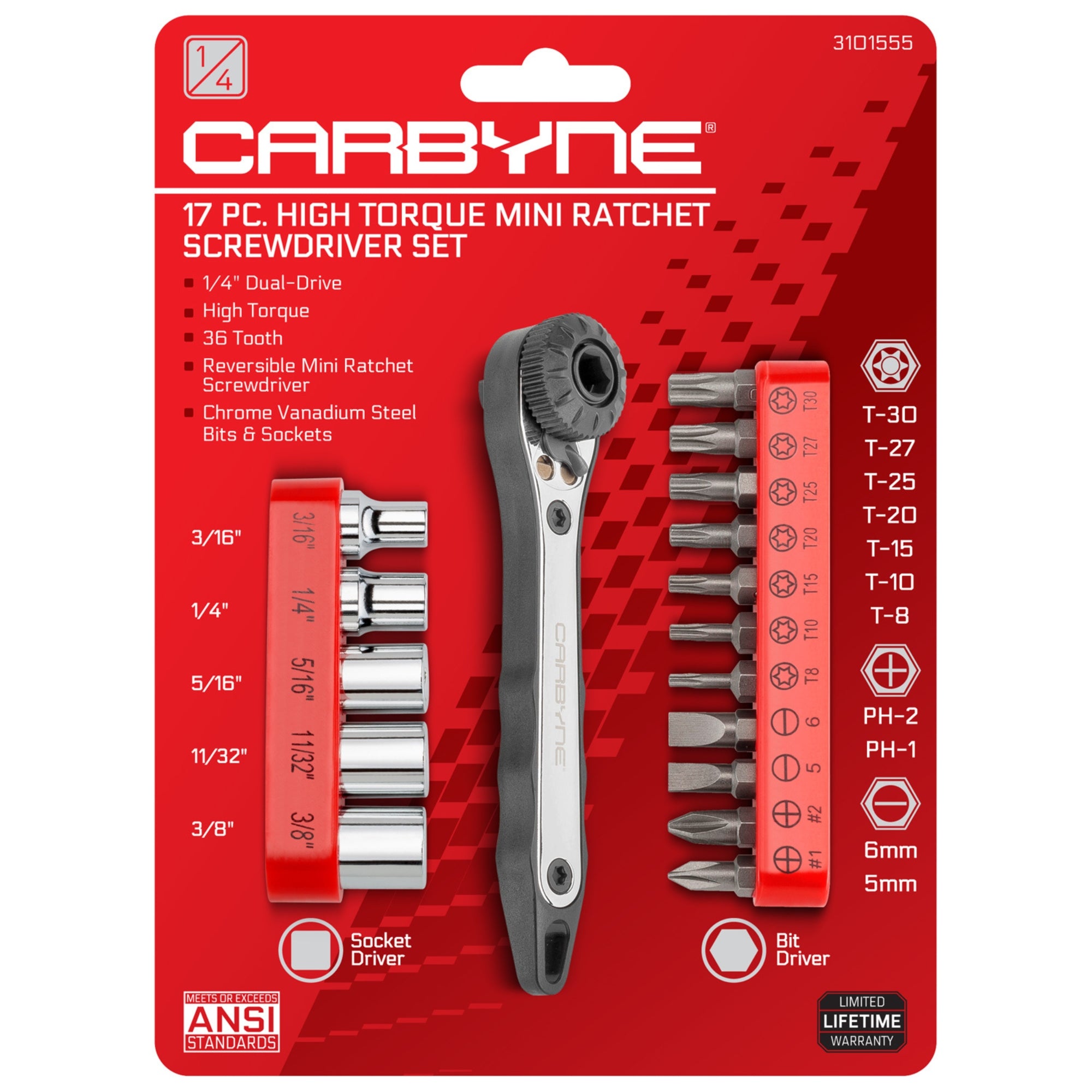 CARBYNE Mini Ratchet Wrench Screwdriver, Bit Set & Sockets - 17 Piece, Right Angle 1/4 inch Dual-Drive | CR-V Steel - Carbyne Tools