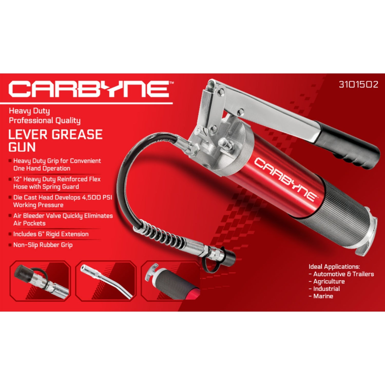 CARBYNE Grease Gun - Lever Handle, 4500 PSI, Anodized Aluminum Barrel, Heavy Duty Professional Quality. 12" Flex Hose and 6" Rigid Ext, 3-Way Loading - Carbyne Tools