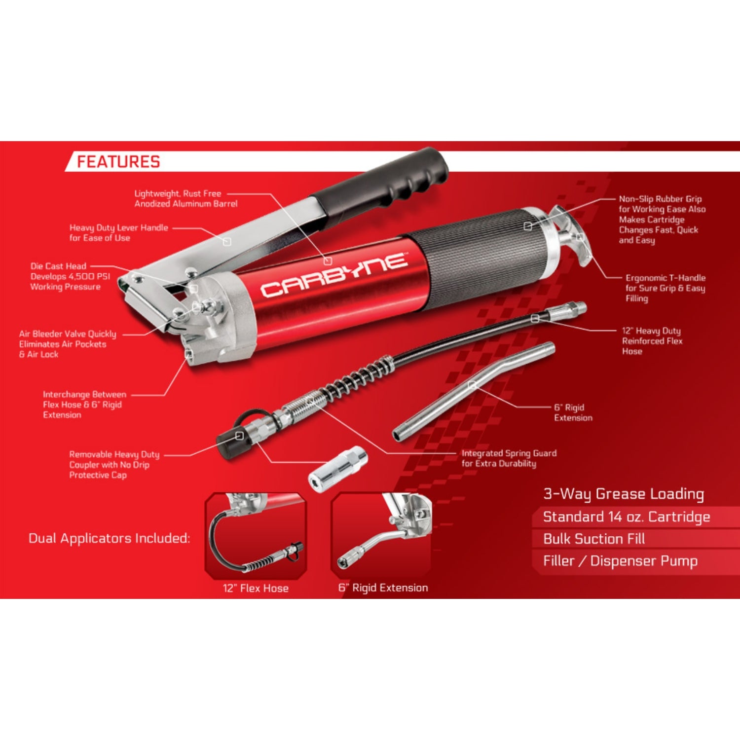 CARBYNE Grease Gun - Lever Handle, 4500 PSI, Anodized Aluminum Barrel, Heavy Duty Professional Quality. 12" Flex Hose and 6" Rigid Ext, 3-Way Loading - Carbyne Tools