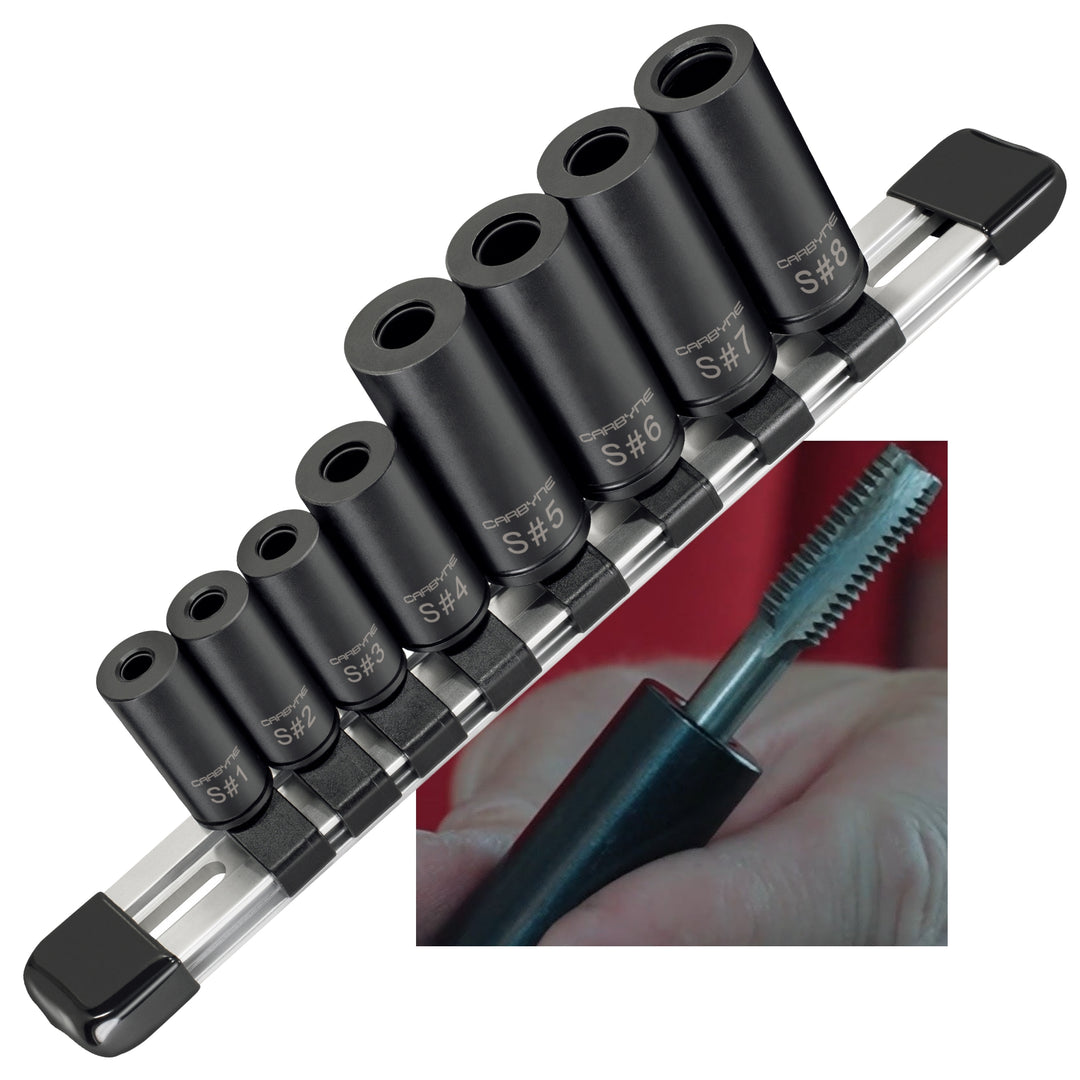 CARBYNE 8-Piece Tap Socket Set – Tap Sockets for 1/4” & 3/8” Drive, Fits MCTI Standard, Metric & 1/8” NPT Taps – Cam Retention, Cr-V Steel Machinist Tools