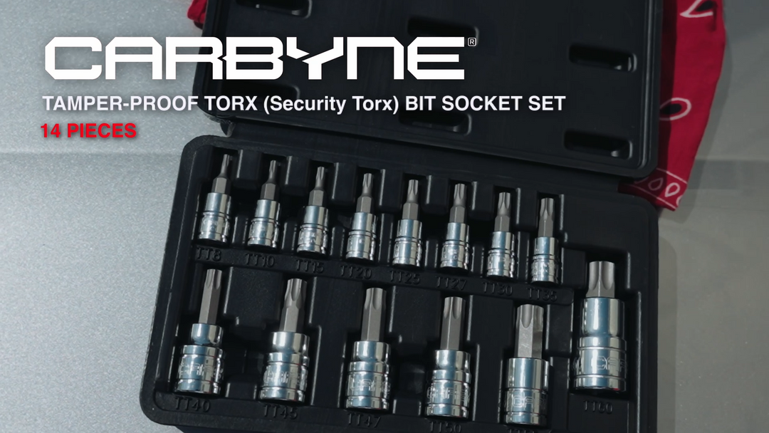 CARBYNE Tamper Proof Torx Bit Socket Set - 14 Piece, T-8 to T-60 Sizes, S2 Steel Bits, CRV Sockets | 1/4", 3/8" & 1/2" Drive