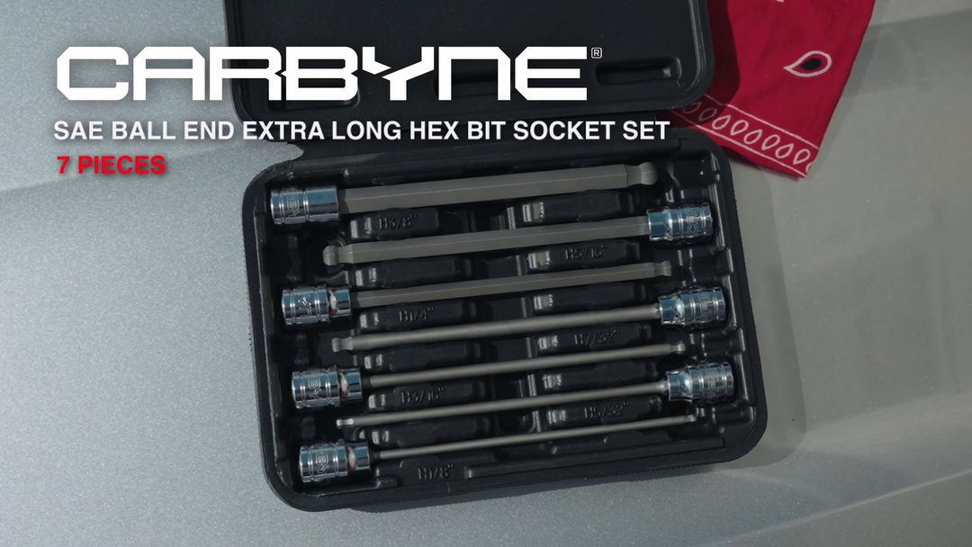 CARBYNE 7 Piece Extra Long Ball End Hex Bit Socket Set - SAE, S2 Steel Bits | 3/8" Drive, 1/8 inch to 3/8 inch