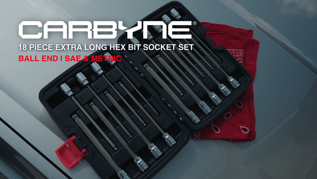 CARBYNE Extra Long Ball End Hex Bit Socket Set - 18 Piece - SAE & Metric, S2 Steel Bits | 3/8" Drive, 1/8" to 3/8" & 3mm to 10mm