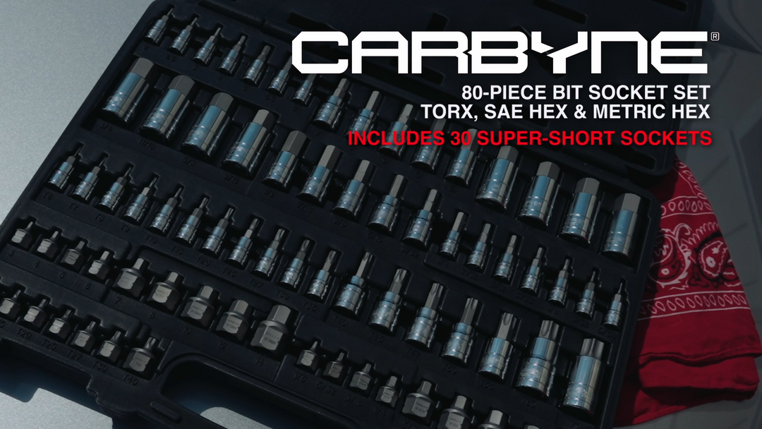 Carbyne 80 Piece Torx, SAE Hex & Metric Hex Bit Socket Set with 30 Super Short Bit Sockets, Cr-V Steel Sockets, S2 Steel Bits, Durable Storage Case