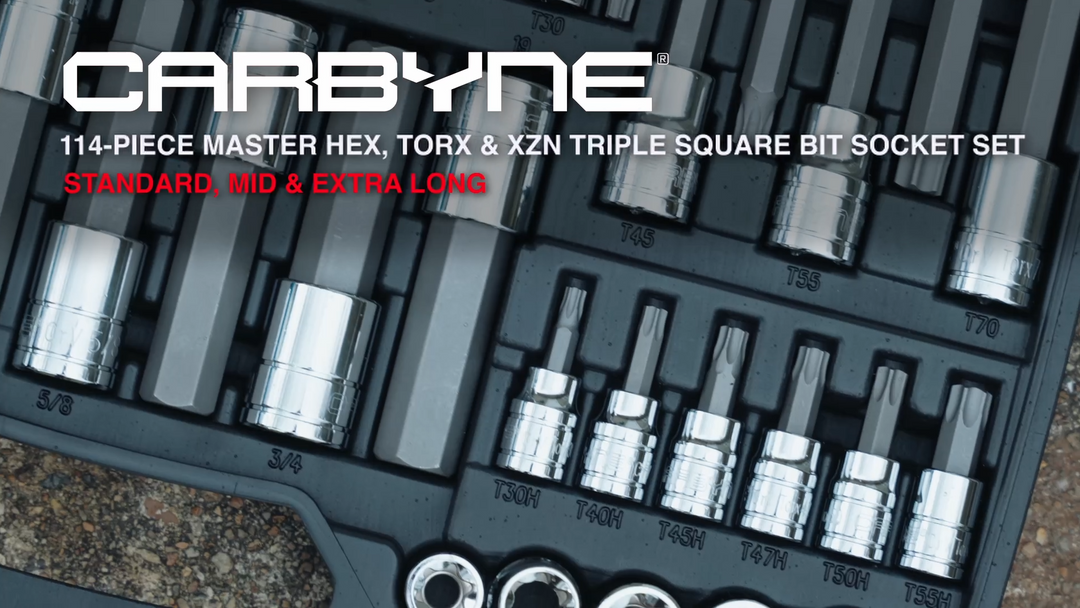 CARBYNE 114-Piece Master Metric & SAE Hex (Allen), Torx and XZN Triple Square Bit Socket Set | S2 Steel Bits, CrV Steel Sockets, Corrosion Resistance, Durable Case | 1/4", 3/8" & 1/2" Dr.