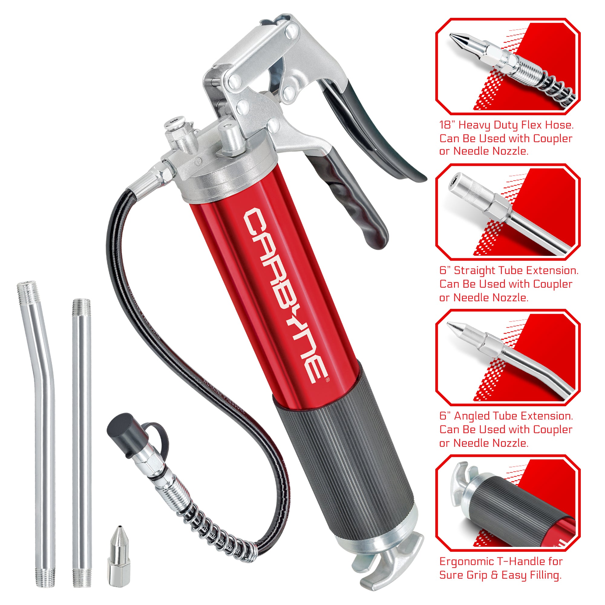 CARBYNE Grease Gun-Pistol Grip, 7500 PSI, Heavy Duty Prof. Quality, Anodized Alum Barrel. 18" HD Flex Hose, 6" Straight & Angled Tube, 3-Way Loading - Carbyne Tools