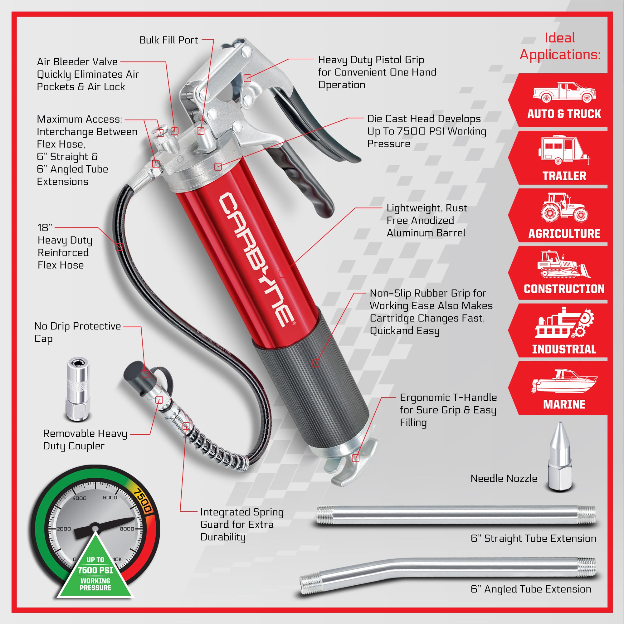 CARBYNE Grease Gun-Pistol Grip, 7500 PSI, Heavy Duty Prof. Quality, Anodized Alum Barrel. 18" HD Flex Hose, 6" Straight & Angled Tube, 3-Way Loading - Carbyne Tools